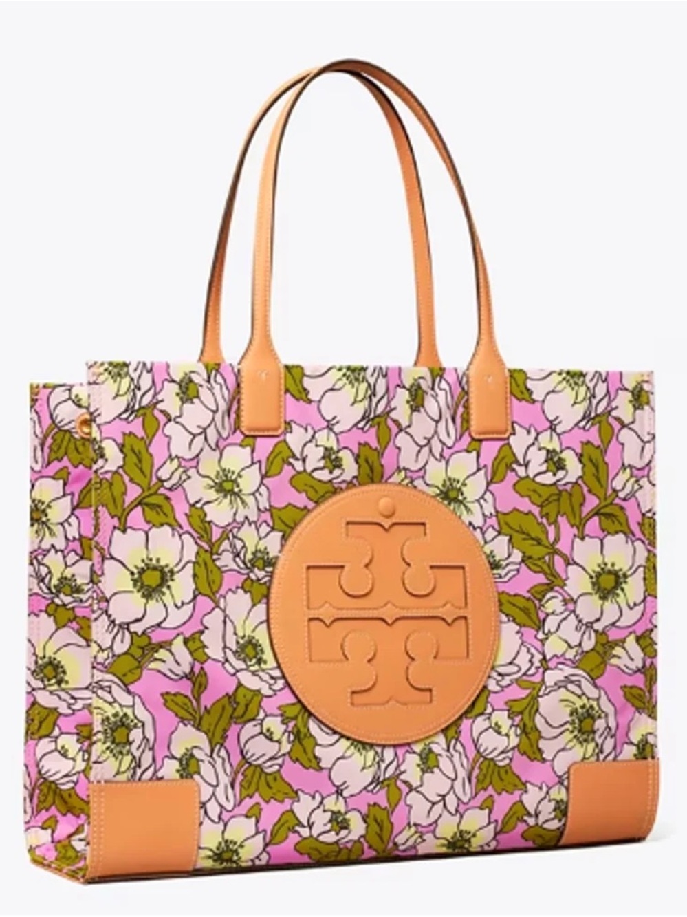 100% Authentic Tory Burch Aster Pink Flower Tan Leather Accents - Picture 6 of 6